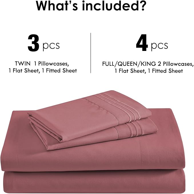 ClevaHome Sheet Set Twin Size, 3-Piece Bedding, Lightweight & Super Soft Easy Care Microfiber– Shrinkage & Fade Resistant Bedding Set with 14'' Deep Pockets (Dusty Rose)