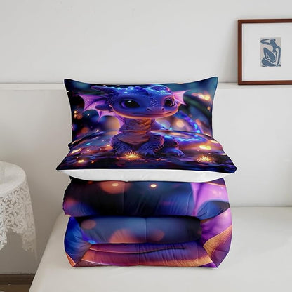 Castle Fairy Cute Dragon Bedding Set Full Size Mysterious Jungle Comforter for Child Toddler Teens Kawaii Western Dragon Animal Down Comforter Glitter Plant Duvet Insert with 2 Pillowcases