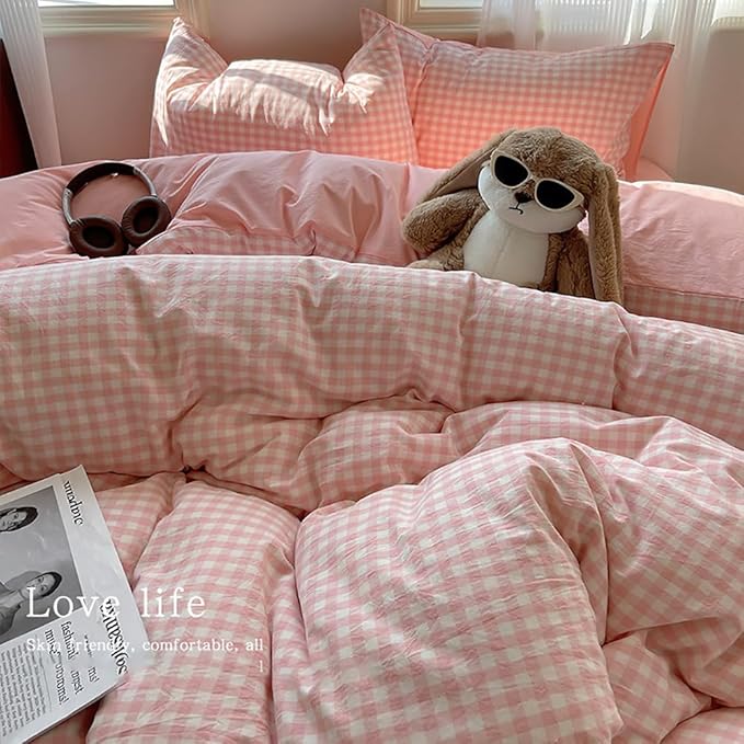 Nayoroom Pink Gingham Duvet Cover King Size Reversible Plaid Checkered Duvet Cover 3 Pieces Soft Breathable Washed Microfiber Girls Dorm Bedding Set for All Season