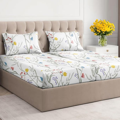 Floral Sheets - Boho Split King Bed Sheet Set - 1 Flat, 2 Fitted & 2 Pillowcases w/ Deep Pockets - Wrinkle & Fade Free - Boho Botanical Bedding - Soft, Breathable and Cooling - Split King Size Set