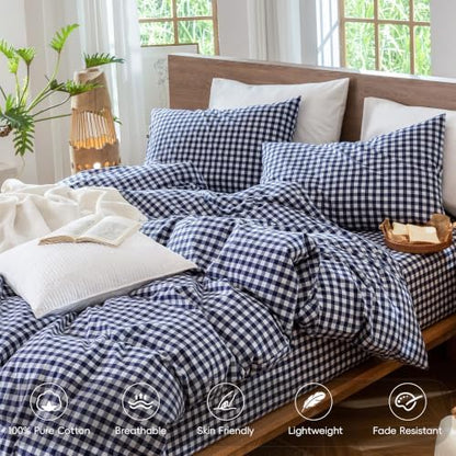 MooMee Gingham Duvet Cover Set 100% Washed Cotton Linen Like