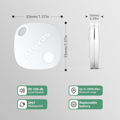 ATUVOS Luggage Tracker, Key Finder, Bluetooth Tracker Pairs with Apple Find My (iOS Only), Item Locator for Bags, Wallets, Keys, Waterproof IP67, Anti-Lost 2 Pack, White