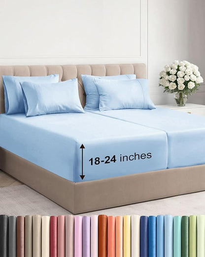 Extra Deep Split King Sheet Set - 7 Piece Breathable and Cooling Sheets - Hotel Luxury Bedding for Women, Men, Kids & Teens - Easy Secure Fit - Soft & Wrinkle Free - Extra Deep Pockets - Light Blue