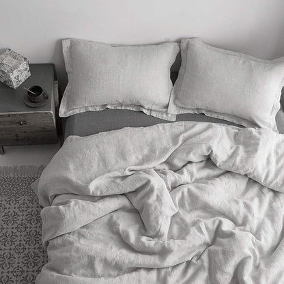 Simple&Opulence 100% Washed Linen Duvet Cover with Embroidered,3 Pieces Soft Farmhouse Comforter Set with Button Closure,1 Duvet Cover and 2 Pillowshams(Queen,Light Grey)