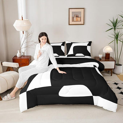 Erosebridal Black and White Abstract Twin Bedding Sets for Adult Women Men Boho Geometric Striped Comforter Set Minimalist Modern Art Quilt Duvet Set Simple Aesthetic Modern Bed Collections