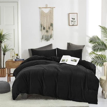 Houseri Black Velvet Comforter Set - Full Size, Fluffy Bedding Sets with Fuzzy Comforter, Sherpa Comforter, Soft Warm Comfy Flannel Comforters