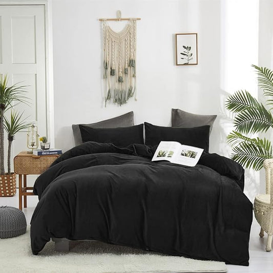 Houseri Black Velvet Comforter Set - Full Size, Fluffy Bedding Sets with Fuzzy Comforter, Sherpa Comforter, Soft Warm Comfy Flannel Comforters
