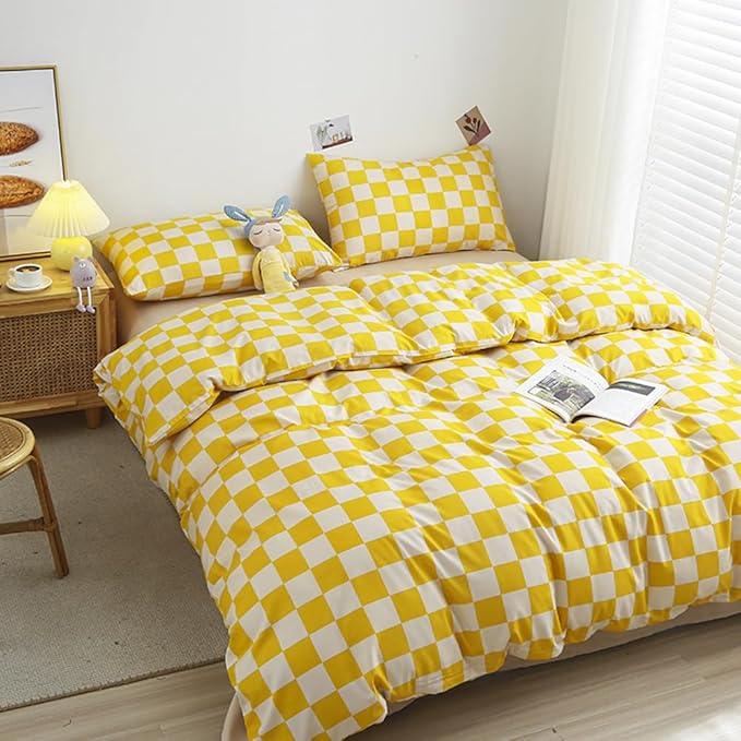 CLOTHKNOW Light Yellow Grid Queen Comforter Set Plaid Bedding Sets Checker Queen Comforter Light Yellow Queen Size Comforter Sets