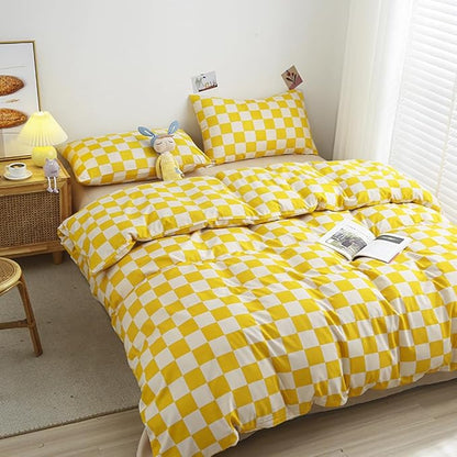 CLOTHKNOW Light Yellow Grid Queen Comforter Set Plaid Bedding Sets Checker Queen Comforter Light Yellow Queen Size Comforter Sets