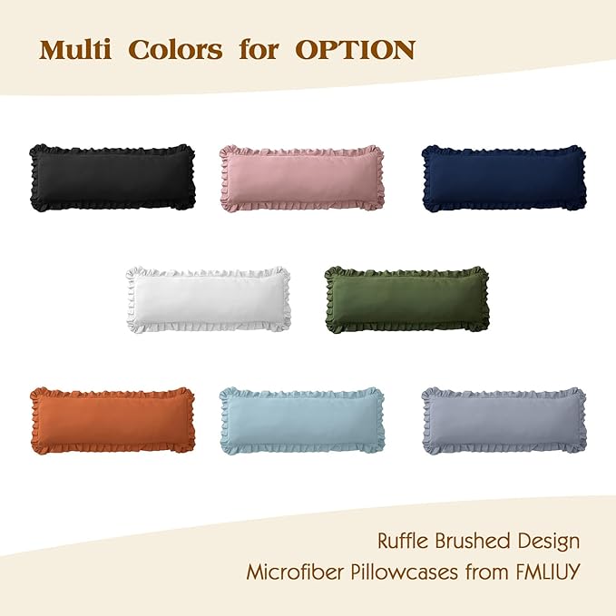 Ruffled Body Pillow Pillowcases Set of 2 – Soft Wrinkle Resistant Brushed Microfiber Body Pillowcases –Envelope Pillow Shams Festive Gift for Hotels, Guest Rooms 20x54 Inch (Black)