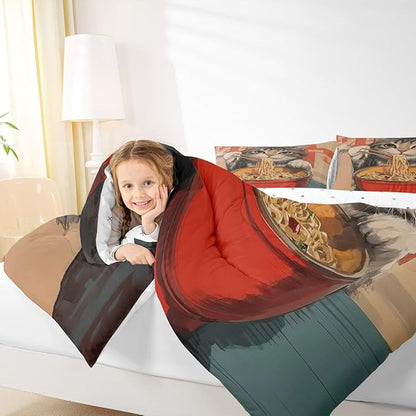Erosebridal Cat Quilt Insert Toddler Size Noodles Bedding Set for Kids Boys Girls Bowl Food Kawaii Cute Kitten Red Grey Comforter Warm Soft Comforter Set