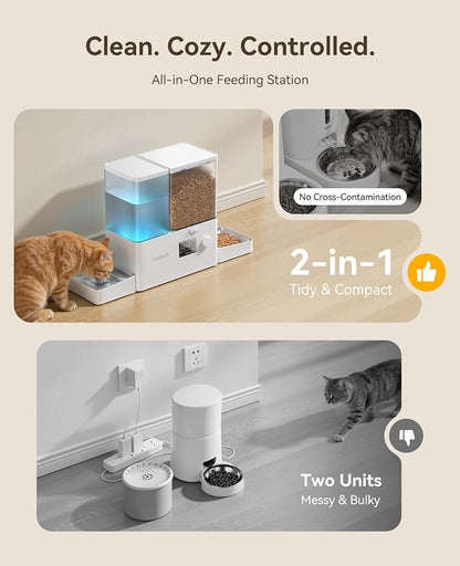 Automatic Cat Feeder and Water Dispenser,2-in-1 Large Capacity 5L cat Food Bowl and 3.5L Gravity Water Dispenser,Timed Cat Feeder for Cats Small Dogs Puppies Kittens Pets