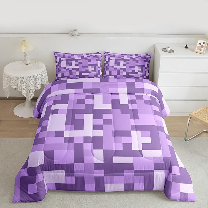 Pixel Grid Miners Comforter Set King Size,Video Games Plaid Lattice Kids Bedding Set,Geometric Check Quilt Comforter,Light Purple Duvet Insert,2 Pillowcases