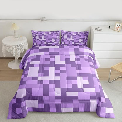 Pixel Grid Miners Comforter Set King Size,Video Games Plaid Lattice Kids Bedding Set,Geometric Check Quilt Comforter,Light Purple Duvet Insert,2 Pillowcases