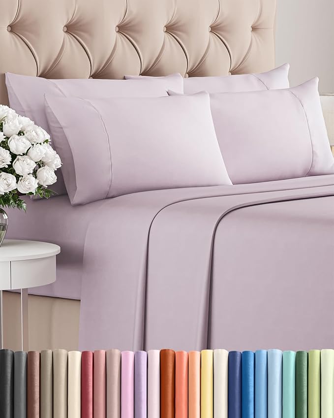 Cal King 6 Piece Sheet Set - Comfy Breathable & Cooling - Soft Hotel Luxury Bedding Set w/ 8-16 Inch Deep Pockets - 1 Flat & 1 Fitted Sheet & 4 Pillowcases - Wrinkle Free & Easy Care - Light Lavender
