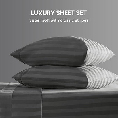 SLEEP ZONE Striped Cooling Sheets Set King Size - Fitted Flat Sheet & Pillowcase Sets 4 Piece - Super Soft Stripe Bed Sheet, Easy Care, Deep Pocket (Gray, King)