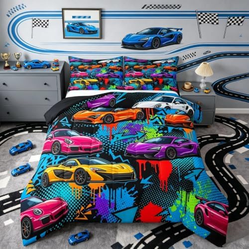 Feelyou Boys Sports Car Comforter Set All Season Speed Race Car Bedding Set with 2 Pillow Cases Racing Extreme Sports Kids Queen Bedclothes Automobile Bedroom Decor Duvet Quilt Breathable Soft