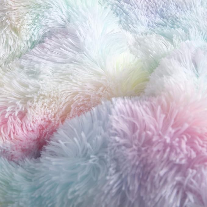 Wajade Faux Fur Plush Rainbow Comforter Set Fluffy Fuzzy Shaggy Bedding Set - 3PC King Size Microfiber Soft Warm Quilt Set