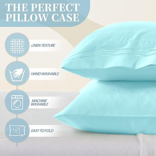 Vonty 2 Pack Queen Pillow Cases - 20x30 Inch, 1800 Thread Count Microfiber Pillowcases Queen Size Aqua Blue Pillow Cases Luxury & Soft Embroidered Bed Pillow Covers with Envelope Closure