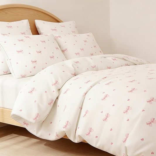 Nayoroom Pink Bow Comforter Set Full Size Coquette Pink Heart Comforter 3 Pieces Soft Lightweight Kids Girls Cute Aesthetic Dorm Bedding Set for All Seasons