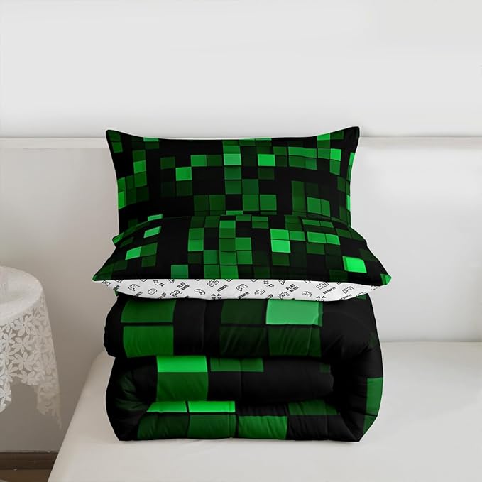Pixelated Miners GameComforter Set King Size,Geometric Check Video Games Kids Bedding Set,Gamepad Camo Grid Quilt Comforter,Black Green Duvet Insert,2 Pillowcases