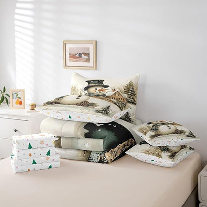 Winter Farmhouse Style Comforter Set Bed in a Bag 7 Pieces King,3D Snowman Cartoon Pattern Boys Girls Bedding Set,Merry Christmas (Comforter+Fitted+Flat Sheet+2 Pillowcases+2 Throw Pillow Covers)