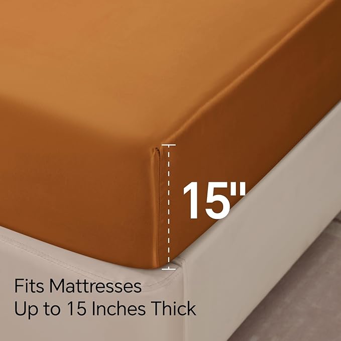 BEDELITE King Size Sheets Set, Luxury Soft Burnt Orange Satin Sheets for Hair and Skin, Similar to Silk Bed Sheets Set 4 Pieces with 1 Deep Pocket Fitted Sheet, 1 Flat Sheet, and 2 Pillowcases
