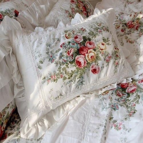 FADFAY Farmhouse Bedding Elegant and Shabby Vintage Rose Floral Duvet Cover Bedskirt Lovely White Lace and Ruffle Style Exquisite Craft 100% Cotton,King Size 4-Pieces