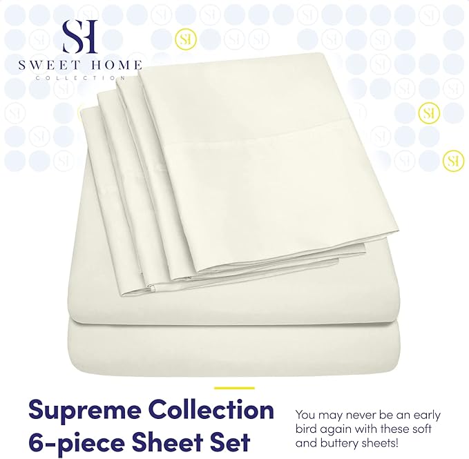 Queen Sheets Ivory - 6 Piece 1500 Supreme Deluxe Collection Deep Pocket Ultra Soft Queen Sheet Set Bedding - 2 Extra Pillow Cases, Great Value, Queen, Ivory