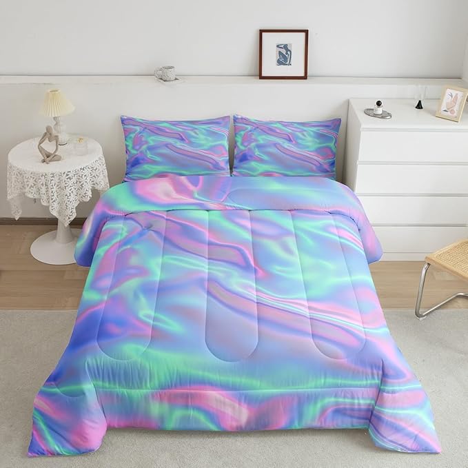 Ombre Tie Dye Bedding Set King, Psychedelic Gradient Comforter, Girls Dreamy Rainbow Bedding, Princess Green Purple Quilted Duvet Bedroom Decor, Girly Colorful Print Bedding Sets & Collections, 3Pcs