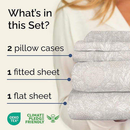Floral Sheets - Beige Floral Bed Sheet Set - 1 Flat, 1 Fitted & 2 Pillowcases w/ Deep Pockets - Comfy, Wrinkle & Fade Free - Boho Botanical Bedding - Ultra-Soft, Breathable and Cooling - Full Size