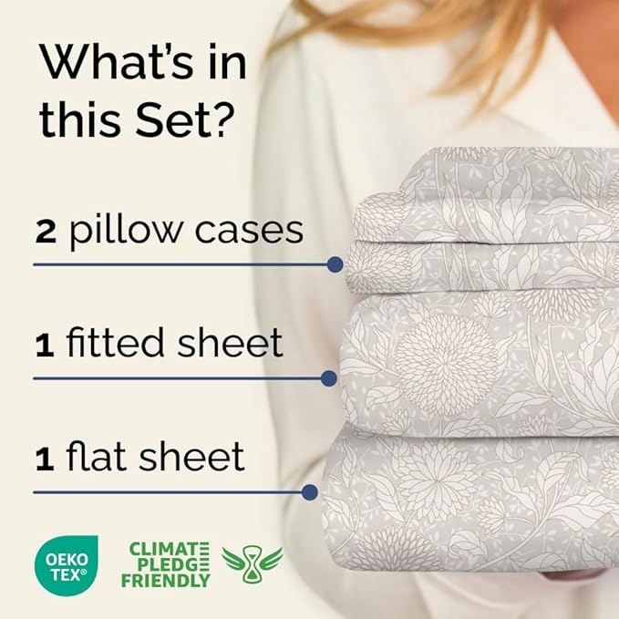 Floral Sheets - Beige Floral Bed Sheet Set - 1 Flat, 1 Fitted & 2 Pillowcases w/ Deep Pockets - Comfy, Wrinkle & Fade Free - Boho Botanical Bedding - Ultra-Soft, Breathable and Cooling - King Size