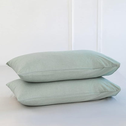 MooMee Bedding Pillowcases Pack of 2 100% Washed Cotton Linen Like Textured Breathable Durable Soft Comfy (Heathered Sage Green, King)