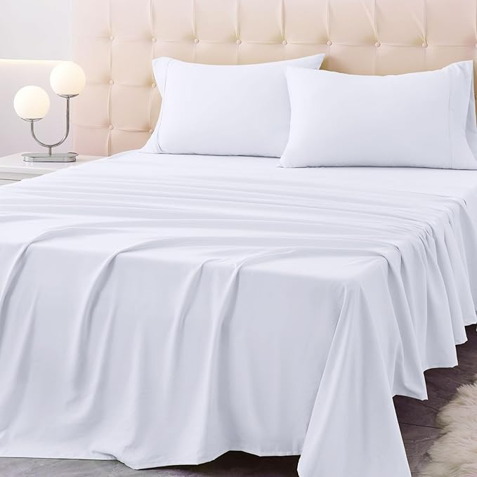 Twin XL Size Bed Sheet Set - 3 Piece Soft Microfiber Sheets with Deep Pockets, Cooling Technology, and Wrinkle-Free Pillowcase. Hotel-Quality, Durable Bedding, Brilliant White