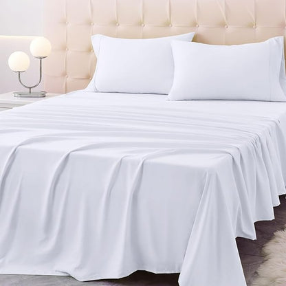 California King Size Bed Sheet Set - 4 Piece Soft Microfiber Sheets with Deep Pockets, Cooling Technology, and Wrinkle-Free Pillowcase. Hotel-Quality, Durable Bedding, Brilliant White