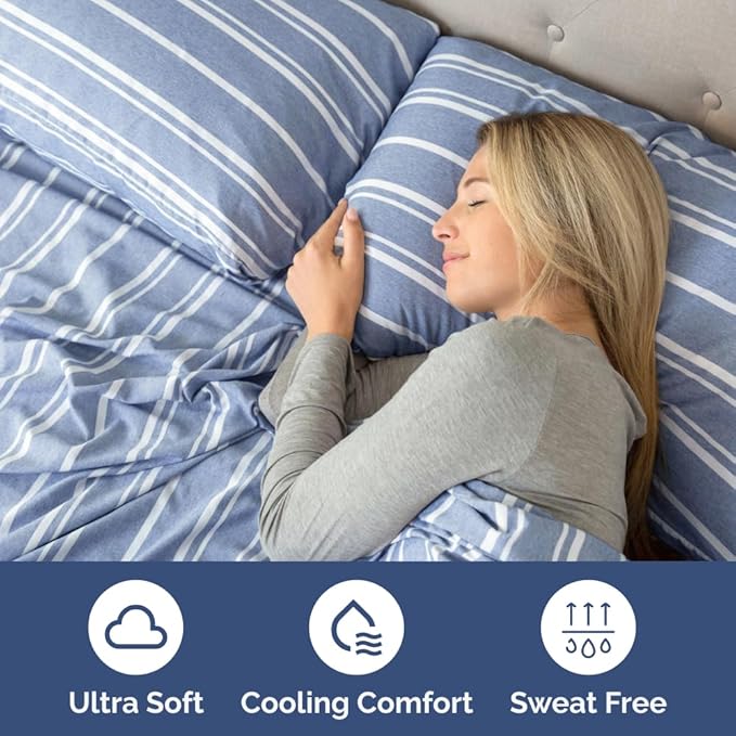 Short Queen Size 4 Piece Sheet Set - RV Short Queen, Soft, Breathable & Cooling Bed Sheets Set w/ Deep Pockets - Hotel Luxury Bedding for Women, Men, Kids, Teens, Boys & Girls, Oeko-Tex - Blue Stripes
