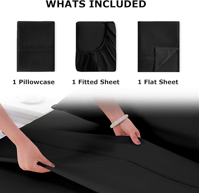 Twin XL Size Bed Sheet Set - 3 Piece Soft Microfiber Sheets with Deep Pockets, Cooling Technology, and Wrinkle-Free Pillowcase. Hotel-Quality, Durable Bedding, Black