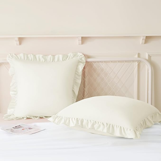 KKJIAF Ruffle Pillow Cases 18x18 Inches, Beige Square Ruffled Pillow Covers Set of 2, Microfiber Wrinkle Resistant Pillow Shams with Envelope Closure for Sofa Bed Living Room