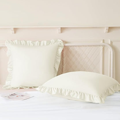 KKJIAF Ruffle Pillow Cases 18x18 Inches, Beige Square Ruffled Pillow Covers Set of 2, Microfiber Wrinkle Resistant Pillow Shams with Envelope Closure for Sofa Bed Living Room