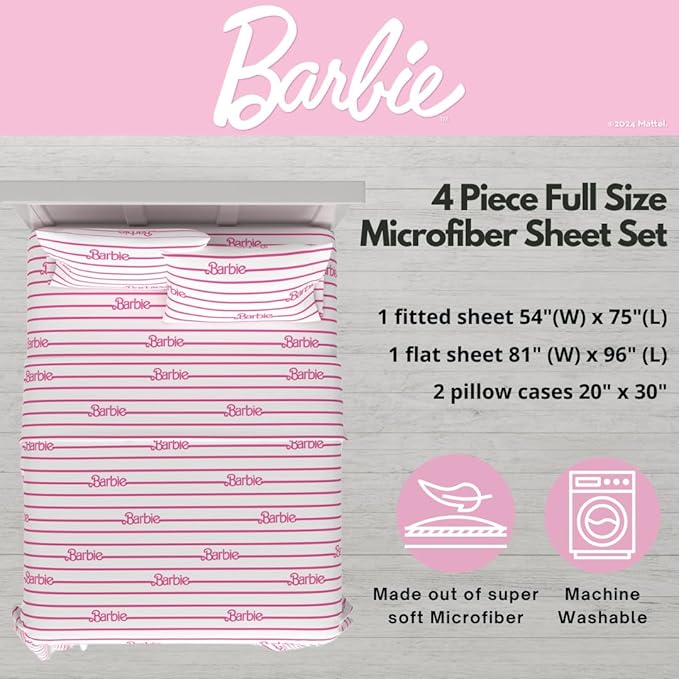Collectibles Barbie Logo Bedding Super Soft Cozy Microfiber 4 Piece Full Sheet Set, (Officially Licensed Product) By Franco