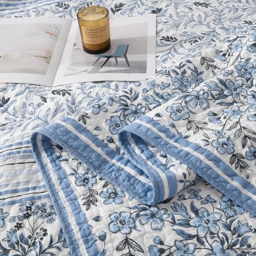 Queen Size Quilt Set - Blue and White Quilt - 100% Cotton Floral Bedspread