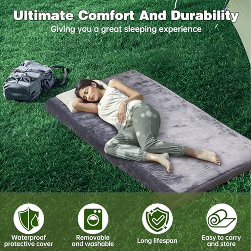 Memory Foam Camping Mattress pad,3 Inch Thick Floor Sleeping Mat Pad for Adults with Waterproof and Non-Slip Bottom, Portable Roll Up Mattress for Sleepover Guest