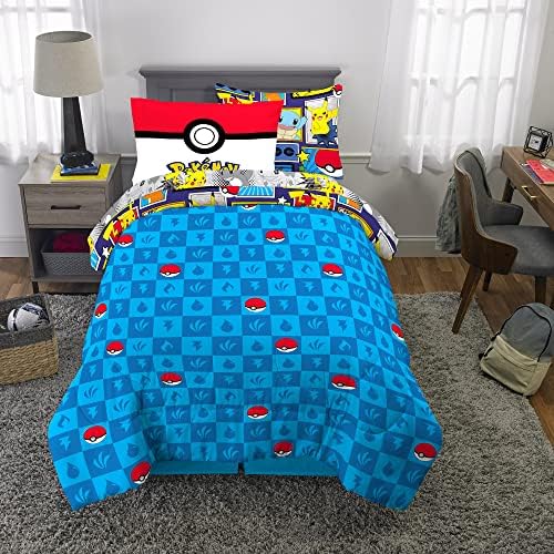 Franco Pokémon Pikachu Twin Size Bedding, Kids Bedding Super Soft Cozy Reversible Comforter and Sheet Set with Sham, 5 Piece Twin Size, (Officially Licensed Product)