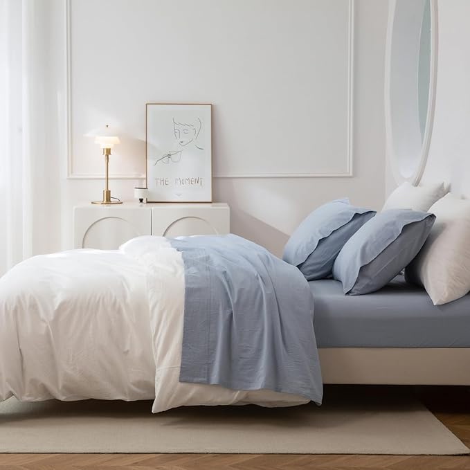JIYUAN California King Size Sheet Set, 4-Piece - 100% Washed Cotton, Linen-Like Soft & Breathable, Includes Deep Pocket Fitted & Flat Sheet with 2 Pillowcases, Hotel Quality, Heathered Light Blue