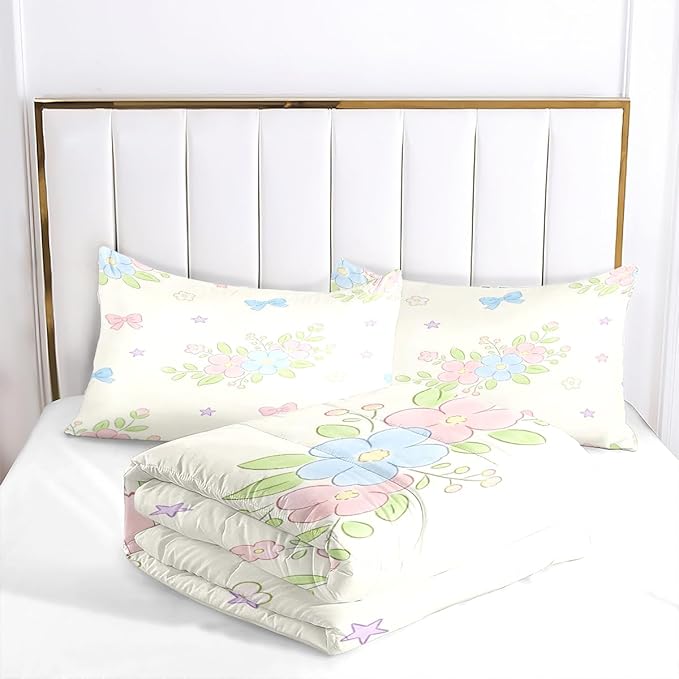 Girls Kids Cartoon Comforter Set with Pink Blue Bows, 3-Piece Bedding Set with Flowers Leaves Full Size, 100% Soft Microfiber Bed Sets with 1 Comforter 79"x 90", 2 Pillowcases