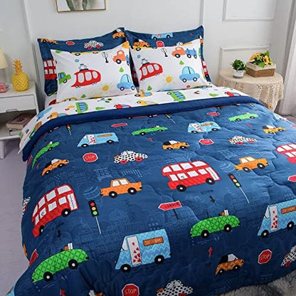 Wajade Cartoon Cars Comforter Set Bed in A Bag Queen Size Colorful Cars Bus Van Traffic Lights Bedding Set for Boys Kids (1 Comforter, 1 Flat Sheet, 1 Fitted Sheet, 2 Pillowcase and 2 Pillow Sham)