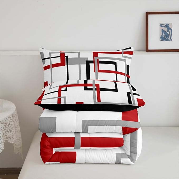 Square Comforter Set,White Black Red Grey Stripes Bedding Set Warm,Geometric Grid Checkred Down Comforter for Kids Boys Girls,Modern Creative Art Quilted Duvet Soft with 2 Pillowcases,Full