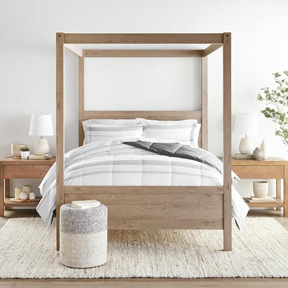 LINENS & HUTCH Comforter Set Patterned Microfiber All Season Down-Alternative Ultra Soft Bedding in Stitched Stripe - Full/Queen Stitched Stripe Gray