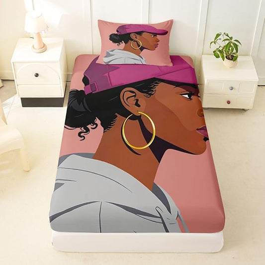 Erosebridal Black Girls Girls Bed Sheets Twin Size Fashion Black Woman Fitted Sheet Vogue Fashionable Gorgeous Bedding Set for Kids Children Women Bedroom Decor African Princess Magical Sheets
