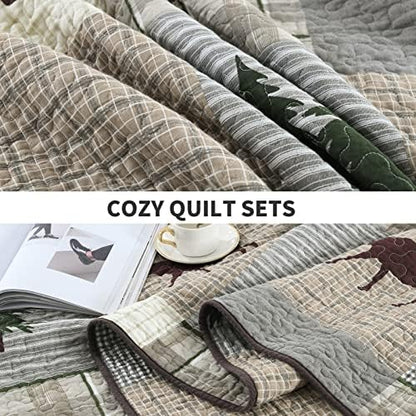 PERHOM Quilt King Size - 100% Cotton Lightweight Cabin Plaid King Quilt Bedding Set, Forest Tree Brown Bear Deer Patchwork Reversible Bedspread/Coverlet/Comforter Set with 2 Shams, 3PCS